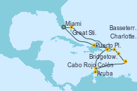 Visitando Miami (Florida/EEUU), Great Stirrup Cay (Bahamas), Cabo Rojo, Aruba (Antillas), Colón, Bridgetown (Barbados), Basseterre (Antillas), Charlotte Amalie (St. Thomas), Puerto Plata, Republica Dominicana, Miami (Florida/EEUU)