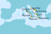 Visitando Civitavecchia (Roma), Split (Croacia), Dubrovnik (Croacia), Bar ( Montenegro), Corfú (Grecia), Katakolon (Olimpia/Grecia), Palermo (Italia), Nápoles (Italia), Civitavecchia (Roma)