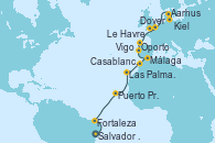 Visitando Salvador de Bahía (Brasil), Fortaleza (Brasil), Puerto Praia (Cabo Verde), Las Palmas de Gran Canaria (España), Casablanca (Marruecos), Málaga, Oporto (Portugal), Vigo (España), Le Havre (Francia), Dover (Inglaterra), Aarhus (Dinamarca), Kiel (Alemania)