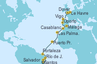 Visitando Santos (Brasil), Río de Janeiro (Brasil), Salvador de Bahía (Brasil), Fortaleza (Brasil), Puerto Praia (Cabo Verde), Las Palmas de Gran Canaria (España), Casablanca (Marruecos), Málaga, Oporto (Portugal), Vigo (España), Le Havre (Francia), Dover (Inglaterra)