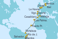 Visitando Santos (Brasil), Río de Janeiro (Brasil), Salvador de Bahía (Brasil), Fortaleza (Brasil), Puerto Praia (Cabo Verde), Las Palmas de Gran Canaria (España), Casablanca (Marruecos), Málaga, Oporto (Portugal), Vigo (España), Le Havre (Francia), Dover (Inglaterra), Aarhus (Dinamarca), Kiel (Alemania)