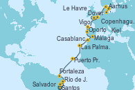 Visitando Santos (Brasil), Río de Janeiro (Brasil), Salvador de Bahía (Brasil), Fortaleza (Brasil), Puerto Praia (Cabo Verde), Las Palmas de Gran Canaria (España), Casablanca (Marruecos), Málaga, Oporto (Portugal), Vigo (España), Le Havre (Francia), Dover (Inglaterra), Aarhus (Dinamarca), Kiel (Alemania), Copenhague (Dinamarca)