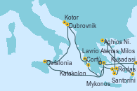 Visitando Atenas (Grecia), Kusadasi (Efeso/Turquía), Rodas (Grecia), Aghios Nikolaos (Grecia), Santorini (Grecia), Mykonos (Grecia), Mykonos (Grecia), Milos (Grecia), Atenas (Grecia), Cefalonia (Grecia), Dubrovnik (Croacia), Dubrovnik (Croacia), Kotor (Montenegro), Corfú (Grecia), Katakolon (Olimpia/Grecia), Lavrio (Grecia)