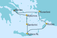 Visitando Atenas (Grecia), Kusadasi (Efeso/Turquía), Rodas (Grecia), Aghios Nikolaos (Grecia), Santorini (Grecia), Mykonos (Grecia), Atenas (Grecia)