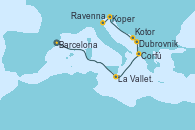 Visitando Barcelona, La Valletta (Malta), Corfú (Grecia), Dubrovnik (Croacia), Kotor (Montenegro), Koper (Eslovenia), Ravenna (Italia)