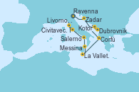 Visitando Ravenna (Italia), Zadar (Croacia), Dubrovnik (Croacia), Kotor (Montenegro), Corfú (Grecia), La Valletta (Malta), Messina (Sicilia), Salerno (Italia), Livorno, Pisa y Florencia (Italia), Civitavecchia (Roma)