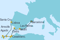 Visitando Barcelona, Motril (Granada/Andalucía), Cádiz (España), Casablanca (Marruecos), Agadir (Marruecos), Arrecife (Lanzarote/España), Santa Cruz de Tenerife (España), Las Palmas de Gran Canaria (España), Lisboa (Portugal)