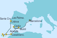 Visitando Barcelona, Cádiz (España), Motril (Granada/Andalucía), Casablanca (Marruecos), Arrecife (Lanzarote/España), Santa Cruz de Tenerife (España), Las Palmas de Gran Canaria (España), Lisboa (Portugal)