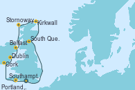 Visitando Southampton (Inglaterra), Portland, Dorset (Reino Unido), Cork (Irlanda), Dublin (Irlanda), Belfast (Irlanda), Stornoway (Isla de Lewis/Escocia), Kirkwall (Escocia), South Queensferry (Escocia), Southampton (Inglaterra)