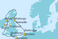 Visitando Southampton (Inglaterra), Le Havre (Francia), Belfast (Irlanda), Liverpool (Reino Unido), Dublin (Irlanda), Edimburgo (Escocia), Newcastle (Reino Unido), Ijmuiden (Ámsterdam), Zeebrugge (Bruselas), Southampton (Inglaterra)