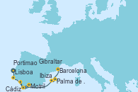 Visitando Lisboa (Portugal), Portimao (Portugal), Motril (Granada/Andalucía), Cádiz (España), Gibraltar (Inglaterra), Ibiza (España), Palma de Mallorca (España), Barcelona