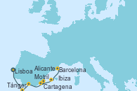 Visitando Lisboa (Portugal), Tánger (Marruecos), Motril (Granada/Andalucía), Cartagena (Murcia), Alicante (España), Ibiza (España), Barcelona