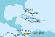 Visitando Miami (Florida/EEUU), Great Stirrup Cay (Bahamas), Cartagena de Indias (Colombia), Canal Panamá, Colón (Panamá), Puerto Limón (Costa Rica), Ocho Ríos (Jamaica), Gran Caimán (Islas Caimán), Miami (Florida/EEUU)