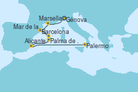 Visitando Génova (Italia), Marsella (Francia), Barcelona, Mar de las Baleares - Experiencia a bordo, Mar de las Baleares - Experiencia a bordo, Palma de Mallorca (España), Alicante (España), Palermo (Italia) Visitando Génova (Italia), Marsella (Francia), Barcelona, Mar de las Baleares - Experiencia a bordo, Mar de las Baleares - Experiencia a bordo, Palma de Mallorca (España), Alicante (España), Palermo (Italia)