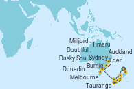 Visitando Auckland (Nueva Zelanda), Tauranga (Nueva Zelanda), Timaru (Nueva Zelanda), Dunedin (Nueva Zelanda), Milfjord Sound (Nueva Zelanda), Dusky Sound (Nueva Zelanda), Doubtful Sound (Nueva Zelanda), Melbourne (Australia), Burnie (Tasmania/Australia), Eden (Nueva Gales), Sydney (Australia)