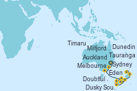 Visitando Sydney (Australia), Eden (Nueva Gales), Melbourne (Australia), Milfjord Sound (Nueva Zelanda), Dusky Sound (Nueva Zelanda), Doubtful Sound (Nueva Zelanda), Dunedin (Nueva Zelanda), Timaru (Nueva Zelanda), Tauranga (Nueva Zelanda), Auckland (Nueva Zelanda)