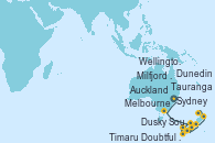 Visitando Sydney (Australia), Melbourne (Australia), Milfjord Sound (Nueva Zelanda), Dusky Sound (Nueva Zelanda), Doubtful Sound (Nueva Zelanda), Dunedin (Nueva Zelanda), Timaru (Nueva Zelanda), Wellington (Nueva Zelanda), Tauranga (Nueva Zelanda), Auckland (Nueva Zelanda)