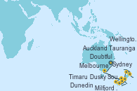 Visitando Sydney (Australia), Melbourne (Australia), Milfjord Sound (Nueva Zelanda), Doubtful Sound (Nueva Zelanda), Dusky Sound (Nueva Zelanda), Dunedin (Nueva Zelanda), Timaru (Nueva Zelanda), Wellington (Nueva Zelanda), Tauranga (Nueva Zelanda), Auckland (Nueva Zelanda)