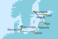 Visitando Copenhague (Dinamarca), Copenhague (Dinamarca), Copenhague (Dinamarca), Warnemunde (Alemania), Gdynia (Polonia), Klaipeda (Lituania), Riga (Letonia), Nynashamn (Suecia), Tallin (Estonia), Helsinki (Finlandia)