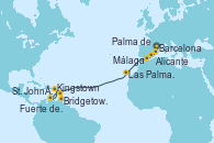 Visitando Barcelona, Palma de Mallorca (España), Alicante (España), Málaga, Las Palmas de Gran Canaria (España), St. John´s (Antigua y Barbuda), Kingstown (Granadinas), Bridgetown (Barbados), Fuerte de France (Martinica)