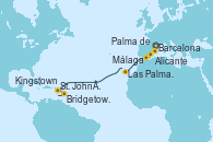 Visitando Barcelona, Palma de Mallorca (España), Alicante (España), Málaga, Las Palmas de Gran Canaria (España), St. John´s (Antigua y Barbuda), Kingstown (Granadinas), Bridgetown (Barbados) Visitando Barcelona, Palma de Mallorca (España), Alicante (España), Málaga, Las Palmas de Gran Canaria (España), St. John´s (Antigua y Barbuda), Kingstown (Granadinas), Bridgetown (Barbados)