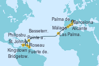 Visitando Barcelona, Palma de Mallorca (España), Alicante (España), Málaga, Las Palmas de Gran Canaria (España), St. John´s (Antigua y Barbuda), Kingstown (Granadinas), Bridgetown (Barbados), Fuerte de France (Martinica), Pointe a Pitre (Guadalupe), St. John´s (Antigua y Barbuda), Philipsburg (St. Maarten), Basseterre (Antillas), Roseau (Dominica), Fuerte de France (Martinica)