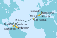 Visitando Barcelona, Palma de Mallorca (España), Alicante (España), Málaga, Las Palmas de Gran Canaria (España), St. John´s (Antigua y Barbuda), Kingstown (Granadinas), Bridgetown (Barbados), Fuerte de France (Martinica), Pointe a Pitre (Guadalupe)