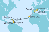 Visitando Fuerte de France (Martinica), Pointe a Pitre (Guadalupe), Philipsburg (St. Maarten), St. John´s (Antigua y Barbuda), Santa Cruz de Tenerife (España), Barcelona, Marsella (Francia), Génova (Italia)