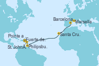 Visitando Fuerte de France (Martinica), Pointe a Pitre (Guadalupe), Philipsburg (St. Maarten), St. John´s (Antigua y Barbuda), Santa Cruz de Tenerife (España), Barcelona, Marsella (Francia)