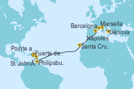 Visitando Fuerte de France (Martinica), Pointe a Pitre (Guadalupe), Philipsburg (St. Maarten), St. John´s (Antigua y Barbuda), Santa Cruz de Tenerife (España), Barcelona, Marsella (Francia), Génova (Italia), Nápoles (Italia)