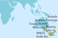 Visitando Sydney (Australia), Eden (Nueva Gales), Melbourne (Australia), Milfjord Sound (Nueva Zelanda), Doubtful Sound (Nueva Zelanda), Dusky Sound (Nueva Zelanda), Dunedin (Nueva Zelanda), Timaru (Nueva Zelanda), Tauranga (Nueva Zelanda), Auckland (Nueva Zelanda)