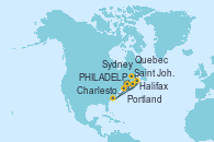 Visitando PHILADELPHIA, PENNSYLVANIA, Portland (Maine/Estados Unidos), Saint John (New Brunswick/Canadá), Halifax (Canadá), Sydney (Nueva Escocia/Canadá), Charleston (Carolina del Sur), Quebec (Canadá), Quebec (Canadá)