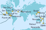 Visitando Barcelona, Lisboa (Portugal), Ponta Delgada (Azores), Praia da Vittoria (Azores), Nueva York (Estados Unidos), Nueva York (Estados Unidos), Fort Lauderdale (Florida/EEUU), Fort Lauderdale (Florida/EEUU), OBAN (HALFMOON BAY), Puerto Cristóbal (Panamá), Puerto Cristóbal (Panamá), Puntarenas (Costa Rica), Puerto Quetzal (Guatemala), Puerto Vallarta (México), Cabo San Lucas (México), San Diego (California/EEUU), Los Ángeles (California), Los Ángeles (California), San Francisco (California/EEUU), San Francisco (California/EEUU), Honolulu (Hawái), Ito (Hilo), Papeete (Tahití), Suva (Fiyi), Lifou (Isla Loyalty/Nueva Caledonia), Nouméa (Nueva Caledonia), Sydney (Australia), Sydney (Australia), Newcastle (Australia), Cairns (Australia), Rabaul (Papúa Nueva Guinea), Tokio (Japón), Tokio (Japón), Kobe (Japón), Nagasaki (Japón), Busán (Corea del Sur), Keelung (Taiwán), Hong Kong (China) Visitando Barcelona, Lisboa (Portugal), Ponta Delgada (Azores), Praia da Vittoria (Azores), Nueva York (Estados Unidos), Nueva York (Estados Unidos), Fort Lauderdale (Florida/EEUU), Fort Lauderdale (Florida/EEUU), OBAN (HALFMOON BAY), Puerto Cristóbal (Panamá), Puerto Cristóbal (Panamá), Puntarenas (Costa Rica), Puerto Quetzal (Guatemala), Puerto Vallarta (México), Cabo San Lucas (México), San Diego (California/EEUU), Los Ángeles (California), Los Ángeles (California), San Francisco (California/EEUU), San Francisco (California/EEUU), Honolulu (Hawái), Ito (Hilo), Papeete (Tahití), Suva (Fiyi), Lifou (Isla Loyalty/Nueva Caledonia), Nouméa (Nueva Caledonia), Sydney (Australia), Sydney (Australia), Newcastle (Australia), Cairns (Australia), Rabaul (Papúa Nueva Guinea), Tokio (Japón), Tokio (Japón), Kobe (Japón), Nagasaki (Japón), Busán (Corea del Sur), Keelung (Taiwán), Hong Kong (China)