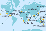Visitando Barcelona, Lisboa (Portugal), Ponta Delgada (Azores), Praia da Vittoria (Azores), Nueva York (Estados Unidos), Nueva York (Estados Unidos), Fort Lauderdale (Florida/EEUU), Fort Lauderdale (Florida/EEUU), OBAN (HALFMOON BAY), Puerto Cristóbal (Panamá), Puerto Cristóbal (Panamá), Puntarenas (Costa Rica), Puerto Quetzal (Guatemala), Puerto Vallarta (México), Cabo San Lucas (México), San Diego (California/EEUU), Los Ángeles (California), Los Ángeles (California), San Francisco (California/EEUU), San Francisco (California/EEUU), Honolulu (Hawái), Ito (Hilo), Papeete (Tahití), Suva (Fiyi), Lifou (Isla Loyalty/Nueva Caledonia), Nouméa (Nueva Caledonia), Sydney (Australia), Sydney (Australia), Newcastle (Australia), Cairns (Australia), Rabaul (Papúa Nueva Guinea), Tokio (Japón), Tokio (Japón), Kobe (Japón), Nagasaki (Japón), Busán (Corea del Sur), Keelung (Taiwán), Hong Kong (China), Hong Kong (China), Nha Trang (Vietnam), Ciudad Ho Chi Minh (Vietnam), Ko Samui (Tailandia), Singapur, Port Klang (Malasia), Penang (Malasia), Colombo (Sri Lanka), Malé (Maldivas), Port Louis  (Mauricio), Durban (Sudáfrica), Port Elizabeth (San Vicente y Granadinas), Ciudad del Cabo (Sudáfrica), Walvis Bay (Namibia), Mindelo (Cabo Verde), Las Palmas de Gran Canaria (España), Barcelona