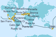 Visitando Civitavecchia (Roma), Savona (Italia), Marsella (Francia), Barcelona, Lisboa (Portugal), Ponta Delgada (Azores), Praia da Vittoria (Azores), Nueva York (Estados Unidos), Nueva York (Estados Unidos), Fort Lauderdale (Florida/EEUU), Fort Lauderdale (Florida/EEUU), OBAN (HALFMOON BAY), Puerto Cristóbal (Panamá), Puerto Cristóbal (Panamá), Puntarenas (Costa Rica), Puerto Quetzal (Guatemala), Puerto Vallarta (México), Cabo San Lucas (México), San Diego (California/EEUU), Los Ángeles (California), Los Ángeles (California), San Francisco (California/EEUU)