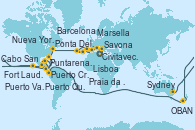 Visitando Civitavecchia (Roma), Savona (Italia), Marsella (Francia), Barcelona, Lisboa (Portugal), Ponta Delgada (Azores), Praia da Vittoria (Azores), Nueva York (Estados Unidos), Nueva York (Estados Unidos), Fort Lauderdale (Florida/EEUU), Fort Lauderdale (Florida/EEUU), OBAN (HALFMOON BAY), Puerto Cristóbal (Panamá), Puerto Cristóbal (Panamá), Puntarenas (Costa Rica), Puerto Quetzal (Guatemala), Puerto Vallarta (México), Cabo San Lucas (México), San Diego (California/EEUU), Los Ángeles (California), Los Ángeles (California), San Francisco (California/EEUU), San Francisco (California/EEUU), Honolulu (Hawái), Ito (Hilo), Papeete (Tahití), Suva (Fiyi), Lifou (Isla Loyalty/Nueva Caledonia), Nouméa (Nueva Caledonia), Sydney (Australia) Visitando Civitavecchia (Roma), Savona (Italia), Marsella (Francia), Barcelona, Lisboa (Portugal), Ponta Delgada (Azores), Praia da Vittoria (Azores), Nueva York (Estados Unidos), Nueva York (Estados Unidos), Fort Lauderdale (Florida/EEUU), Fort Lauderdale (Florida/EEUU), OBAN (HALFMOON BAY), Puerto Cristóbal (Panamá), Puerto Cristóbal (Panamá), Puntarenas (Costa Rica), Puerto Quetzal (Guatemala), Puerto Vallarta (México), Cabo San Lucas (México), San Diego (California/EEUU), Los Ángeles (California), Los Ángeles (California), San Francisco (California/EEUU), San Francisco (California/EEUU), Honolulu (Hawái), Ito (Hilo), Papeete (Tahití), Suva (Fiyi), Lifou (Isla Loyalty/Nueva Caledonia), Nouméa (Nueva Caledonia), Sydney (Australia)