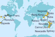 Visitando San Francisco (California/EEUU), San Francisco (California/EEUU), Honolulu (Hawái), Ito (Hilo), Papeete (Tahití), Suva (Fiyi), Lifou (Isla Loyalty/Nueva Caledonia), Nouméa (Nueva Caledonia), Sydney (Australia), Sydney (Australia), Newcastle (Australia), Cairns (Australia), Rabaul (Papúa Nueva Guinea), Tokio (Japón), Tokio (Japón), Kobe (Japón), Nagasaki (Japón), Busán (Corea del Sur), Keelung (Taiwán), Hong Kong (China) Visitando San Francisco (California/EEUU), San Francisco (California/EEUU), Honolulu (Hawái), Ito (Hilo), Papeete (Tahití), Suva (Fiyi), Lifou (Isla Loyalty/Nueva Caledonia), Nouméa (Nueva Caledonia), Sydney (Australia), Sydney (Australia), Newcastle (Australia), Cairns (Australia), Rabaul (Papúa Nueva Guinea), Tokio (Japón), Tokio (Japón), Kobe (Japón), Nagasaki (Japón), Busán (Corea del Sur), Keelung (Taiwán), Hong Kong (China)