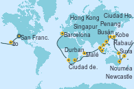 Visitando San Francisco (California/EEUU), San Francisco (California/EEUU), Honolulu (Hawái), Ito (Hilo), Papeete (Tahití), Suva (Fiyi), Lifou (Isla Loyalty/Nueva Caledonia), Nouméa (Nueva Caledonia), Sydney (Australia), Sydney (Australia), Newcastle (Australia), Cairns (Australia), Rabaul (Papúa Nueva Guinea), Tokio (Japón), Tokio (Japón), Kobe (Japón), Nagasaki (Japón), Busán (Corea del Sur), Keelung (Taiwán), Hong Kong (China), Hong Kong (China), Nha Trang (Vietnam), Ciudad Ho Chi Minh (Vietnam), Ko Samui (Tailandia), Singapur, Port Klang (Malasia), Penang (Malasia), Colombo (Sri Lanka), Malé (Maldivas), Port Louis  (Mauricio), Durban (Sudáfrica), Port Elizabeth (San Vicente y Granadinas), Ciudad del Cabo (Sudáfrica), Walvis Bay (Namibia), Mindelo (Cabo Verde), Las Palmas de Gran Canaria (España), Barcelona