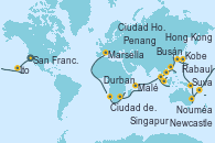 Visitando San Francisco (California/EEUU), San Francisco (California/EEUU), Honolulu (Hawái), Ito (Hilo), Papeete (Tahití), Suva (Fiyi), Lifou (Isla Loyalty/Nueva Caledonia), Nouméa (Nueva Caledonia), Sydney (Australia), Sydney (Australia), Newcastle (Australia), Cairns (Australia), Rabaul (Papúa Nueva Guinea), Tokio (Japón), Tokio (Japón), Kobe (Japón), Nagasaki (Japón), Busán (Corea del Sur), Keelung (Taiwán), Hong Kong (China), Hong Kong (China), Nha Trang (Vietnam), Ciudad Ho Chi Minh (Vietnam), Ko Samui (Tailandia), Singapur, Port Klang (Malasia), Penang (Malasia), Colombo (Sri Lanka), Malé (Maldivas), Port Louis  (Mauricio), Durban (Sudáfrica), Port Elizabeth (San Vicente y Granadinas), Ciudad del Cabo (Sudáfrica), Walvis Bay (Namibia), Mindelo (Cabo Verde), Las Palmas de Gran Canaria (España), Barcelona, Marsella (Francia)