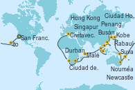 Visitando San Francisco (California/EEUU), San Francisco (California/EEUU), Honolulu (Hawái), Ito (Hilo), Papeete (Tahití), Suva (Fiyi), Lifou (Isla Loyalty/Nueva Caledonia), Nouméa (Nueva Caledonia), Sydney (Australia), Sydney (Australia), Newcastle (Australia), Cairns (Australia), Rabaul (Papúa Nueva Guinea), Tokio (Japón), Tokio (Japón), Kobe (Japón), Nagasaki (Japón), Busán (Corea del Sur), Keelung (Taiwán), Hong Kong (China), Hong Kong (China), Nha Trang (Vietnam), Ciudad Ho Chi Minh (Vietnam), Ko Samui (Tailandia), Singapur, Port Klang (Malasia), Penang (Malasia), Colombo (Sri Lanka), Malé (Maldivas), Port Louis  (Mauricio), Durban (Sudáfrica), Port Elizabeth (San Vicente y Granadinas), Ciudad del Cabo (Sudáfrica), Walvis Bay (Namibia), Mindelo (Cabo Verde), Las Palmas de Gran Canaria (España), Barcelona, Marsella (Francia), Savona (Italia), Civitavecchia (Roma)
