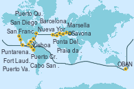 Visitando Savona (Italia), Marsella (Francia), Barcelona, Lisboa (Portugal), Ponta Delgada (Azores), Praia da Vittoria (Azores), Nueva York (Estados Unidos), Nueva York (Estados Unidos), Fort Lauderdale (Florida/EEUU), Fort Lauderdale (Florida/EEUU), OBAN (HALFMOON BAY), Puerto Cristóbal (Panamá), Puerto Cristóbal (Panamá), Puntarenas (Costa Rica), Puerto Quetzal (Guatemala), Puerto Vallarta (México), Cabo San Lucas (México), San Diego (California/EEUU), Los Ángeles (California), Los Ángeles (California), San Francisco (California/EEUU)