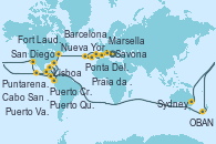 Visitando Savona (Italia), Marsella (Francia), Barcelona, Lisboa (Portugal), Ponta Delgada (Azores), Praia da Vittoria (Azores), Nueva York (Estados Unidos), Nueva York (Estados Unidos), Fort Lauderdale (Florida/EEUU), Fort Lauderdale (Florida/EEUU), OBAN (HALFMOON BAY), Puerto Cristóbal (Panamá), Puerto Cristóbal (Panamá), Puntarenas (Costa Rica), Puerto Quetzal (Guatemala), Puerto Vallarta (México), Cabo San Lucas (México), San Diego (California/EEUU), Los Ángeles (California), Los Ángeles (California), San Francisco (California/EEUU), San Francisco (California/EEUU), Honolulu (Hawái), Ito (Hilo), Papeete (Tahití), Suva (Fiyi), Lifou (Isla Loyalty/Nueva Caledonia), Nouméa (Nueva Caledonia), Sydney (Australia) Visitando Savona (Italia), Marsella (Francia), Barcelona, Lisboa (Portugal), Ponta Delgada (Azores), Praia da Vittoria (Azores), Nueva York (Estados Unidos), Nueva York (Estados Unidos), Fort Lauderdale (Florida/EEUU), Fort Lauderdale (Florida/EEUU), OBAN (HALFMOON BAY), Puerto Cristóbal (Panamá), Puerto Cristóbal (Panamá), Puntarenas (Costa Rica), Puerto Quetzal (Guatemala), Puerto Vallarta (México), Cabo San Lucas (México), San Diego (California/EEUU), Los Ángeles (California), Los Ángeles (California), San Francisco (California/EEUU), San Francisco (California/EEUU), Honolulu (Hawái), Ito (Hilo), Papeete (Tahití), Suva (Fiyi), Lifou (Isla Loyalty/Nueva Caledonia), Nouméa (Nueva Caledonia), Sydney (Australia)