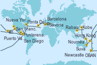 Visitando Savona (Italia), Marsella (Francia), Barcelona, Lisboa (Portugal), Ponta Delgada (Azores), Praia da Vittoria (Azores), Nueva York (Estados Unidos), Nueva York (Estados Unidos), Fort Lauderdale (Florida/EEUU), Fort Lauderdale (Florida/EEUU), OBAN (HALFMOON BAY), Puerto Cristóbal (Panamá), Puerto Cristóbal (Panamá), Puntarenas (Costa Rica), Puerto Quetzal (Guatemala), Puerto Vallarta (México), Cabo San Lucas (México), San Diego (California/EEUU), Los Ángeles (California), Los Ángeles (California), San Francisco (California/EEUU), San Francisco (California/EEUU), Honolulu (Hawái), Ito (Hilo), Papeete (Tahití), Suva (Fiyi), Lifou (Isla Loyalty/Nueva Caledonia), Nouméa (Nueva Caledonia), Sydney (Australia), Sydney (Australia), Newcastle (Australia), Cairns (Australia), Rabaul (Papúa Nueva Guinea), Tokio (Japón), Tokio (Japón), Kobe (Japón), Nagasaki (Japón), Busán (Corea del Sur), Keelung (Taiwán), Hong Kong (China) Visitando Savona (Italia), Marsella (Francia), Barcelona, Lisboa (Portugal), Ponta Delgada (Azores), Praia da Vittoria (Azores), Nueva York (Estados Unidos), Nueva York (Estados Unidos), Fort Lauderdale (Florida/EEUU), Fort Lauderdale (Florida/EEUU), OBAN (HALFMOON BAY), Puerto Cristóbal (Panamá), Puerto Cristóbal (Panamá), Puntarenas (Costa Rica), Puerto Quetzal (Guatemala), Puerto Vallarta (México), Cabo San Lucas (México), San Diego (California/EEUU), Los Ángeles (California), Los Ángeles (California), San Francisco (California/EEUU), San Francisco (California/EEUU), Honolulu (Hawái), Ito (Hilo), Papeete (Tahití), Suva (Fiyi), Lifou (Isla Loyalty/Nueva Caledonia), Nouméa (Nueva Caledonia), Sydney (Australia), Sydney (Australia), Newcastle (Australia), Cairns (Australia), Rabaul (Papúa Nueva Guinea), Tokio (Japón), Tokio (Japón), Kobe (Japón), Nagasaki (Japón), Busán (Corea del Sur), Keelung (Taiwán), Hong Kong (China)
