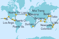 Visitando Savona (Italia), Marsella (Francia), Barcelona, Lisboa (Portugal), Ponta Delgada (Azores), Praia da Vittoria (Azores), Nueva York (Estados Unidos), Nueva York (Estados Unidos), Fort Lauderdale (Florida/EEUU), Fort Lauderdale (Florida/EEUU), OBAN (HALFMOON BAY), Puerto Cristóbal (Panamá), Puerto Cristóbal (Panamá), Puntarenas (Costa Rica), Puerto Quetzal (Guatemala), Puerto Vallarta (México), Cabo San Lucas (México), San Diego (California/EEUU), Los Ángeles (California), Los Ángeles (California), San Francisco (California/EEUU), San Francisco (California/EEUU), Honolulu (Hawái), Ito (Hilo), Papeete (Tahití), Suva (Fiyi), Lifou (Isla Loyalty/Nueva Caledonia), Nouméa (Nueva Caledonia), Sydney (Australia), Sydney (Australia), Newcastle (Australia), Cairns (Australia), Rabaul (Papúa Nueva Guinea), Tokio (Japón), Tokio (Japón), Kobe (Japón), Nagasaki (Japón), Busán (Corea del Sur), Keelung (Taiwán), Hong Kong (China), Hong Kong (China), Nha Trang (Vietnam), Ciudad Ho Chi Minh (Vietnam), Ko Samui (Tailandia), Singapur, Port Klang (Malasia), Penang (Malasia), Colombo (Sri Lanka), Malé (Maldivas), Port Louis  (Mauricio), Durban (Sudáfrica), Port Elizabeth (San Vicente y Granadinas), Ciudad del Cabo (Sudáfrica), Walvis Bay (Namibia), Mindelo (Cabo Verde), Las Palmas de Gran Canaria (España), Barcelona, Marsella (Francia), Savona (Italia)