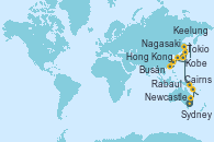 Visitando Sydney (Australia), Sydney (Australia), Newcastle (Australia), Cairns (Australia), Rabaul (Papúa Nueva Guinea), Tokio (Japón), Tokio (Japón), Kobe (Japón), Nagasaki (Japón), Busán (Corea del Sur), Keelung (Taiwán), Hong Kong (China)