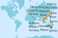 Visitando Sydney (Australia), Sydney (Australia), Newcastle (Australia), Cairns (Australia), Rabaul (Papúa Nueva Guinea), Tokio (Japón), Tokio (Japón), Kobe (Japón), Nagasaki (Japón), Busán (Corea del Sur), Keelung (Taiwán), Hong Kong (China), Hong Kong (China), Nha Trang (Vietnam), Ciudad Ho Chi Minh (Vietnam), Ko Samui (Tailandia), Singapur, Port Klang (Malasia), Penang (Malasia), Colombo (Sri Lanka), Malé (Maldivas), Port Louis (Mauricio), Durban (Sudáfrica), Port Elizabeth (San Vicente y Granadinas), Ciudad del Cabo (Sudáfrica), Walvis Bay (Namibia), Mindelo (Cabo Verde), Las Palmas de Gran Canaria (España), Barcelona, Marsella (Francia), Savona (Italia) Visitando Sydney (Australia), Sydney (Australia), Newcastle (Australia), Cairns (Australia), Rabaul (Papúa Nueva Guinea), Tokio (Japón), Tokio (Japón), Kobe (Japón), Nagasaki (Japón), Busán (Corea del Sur), Keelung (Taiwán), Hong Kong (China), Hong Kong (China), Nha Trang (Vietnam), Ciudad Ho Chi Minh (Vietnam), Ko Samui (Tailandia), Singapur, Port Klang (Malasia), Penang (Malasia), Colombo (Sri Lanka), Malé (Maldivas), Port Louis (Mauricio), Durban (Sudáfrica), Port Elizabeth (San Vicente y Granadinas), Ciudad del Cabo (Sudáfrica), Walvis Bay (Namibia), Mindelo (Cabo Verde), Las Palmas de Gran Canaria (España), Barcelona, Marsella (Francia), Savona (Italia)