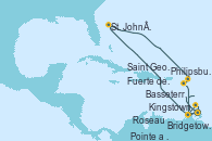 Visitando Bridgetown (Barbados), Kingstown (Granadinas), Saint George (Grenada), Fuerte de France (Martinica), Pointe a Pitre (Guadalupe), St. John´s (Antigua y Barbuda), Philipsburg (St. Maarten), Basseterre (Antillas), Roseau (Dominica), Fuerte de France (Martinica), Pointe a Pitre (Guadalupe), Bridgetown (Barbados)
