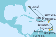 Visitando Bridgetown (Barbados), Kingstown (Granadinas), Castries (Santa Lucía/Caribe), Saint George (Grenada), Fuerte de France (Martinica), Pointe a Pitre (Guadalupe), Roseau (Dominica), Philipsburg (St. Maarten), St. John´s (Antigua y Barbuda), Basseterre (Antillas), Fuerte de France (Martinica), Pointe a Pitre (Guadalupe), Roseau (Dominica) y Bridgetown (Barbados)