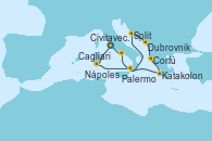 Visitando Civitavecchia (Roma), Cagliari (Cerdeña), Palermo (Italia), Split (Croacia), Dubrovnik (Croacia), Corfú (Grecia), Katakolon (Olimpia/Grecia), Nápoles (Italia), Civitavecchia (Roma)