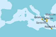 Visitando Atenas (Grecia), Santorini (Grecia), Katakolon (Olimpia/Grecia), Alejandría (Egipto), Alejandría (Egipto), Mykonos (Grecia), Atenas (Grecia) Visitando Atenas (Grecia), Santorini (Grecia), Katakolon (Olimpia/Grecia), Alejandría (Egipto), Alejandría (Egipto), Mykonos (Grecia), Atenas (Grecia)